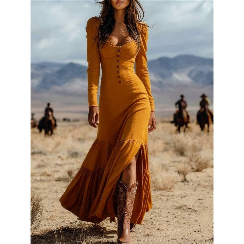 Retro Western Button Ruffle Sleeve Sexy Long Dress