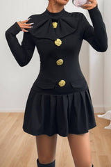 CWDSD8735_BOW BUTTON MOCK NECK LONG SLEEVE FALL DRESS