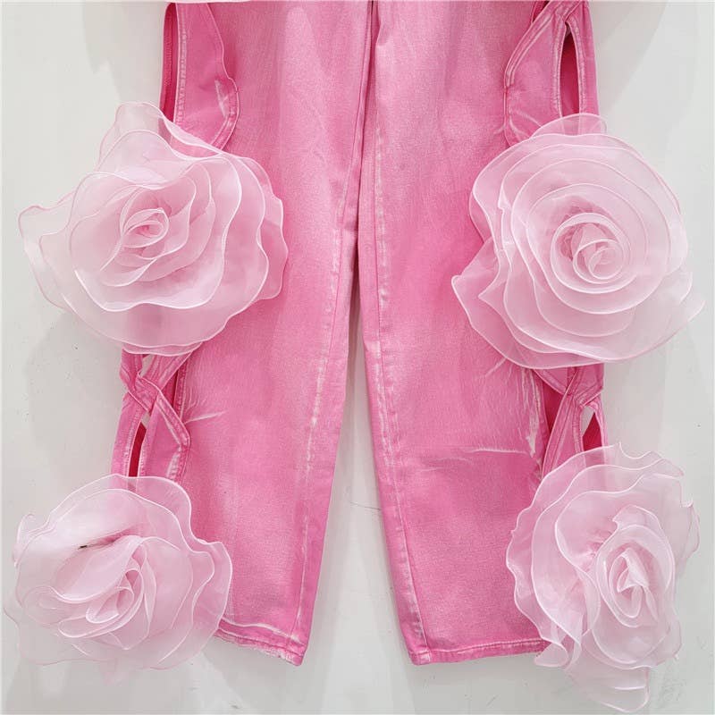 PT021Y Pink Rose Denim Palazzo Pants - High Waist