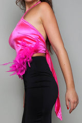 Halter neck fuzzy trim satin crop top