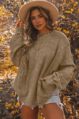 Khaki Exposed Seam Twist Open Back Oversized Sweatshirt: Khaki / L / 80%Polyester+20%Cotton