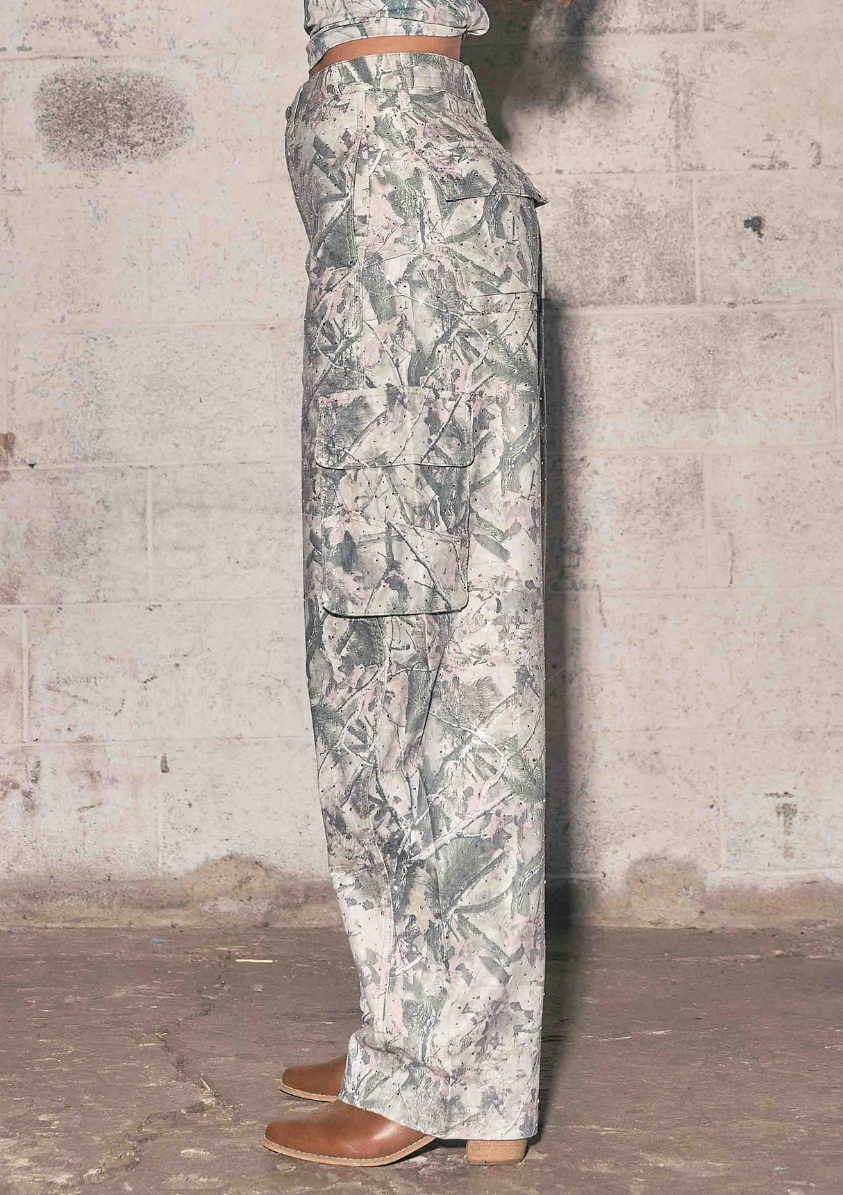 Rhinestone Camo Print Baggy Barrel Jeans