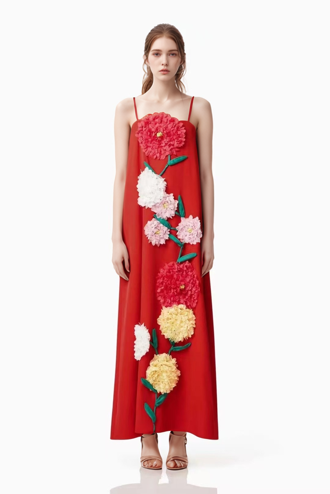 DR516Y Colorful 3D Floral Swing Suspender Long Summer Dress