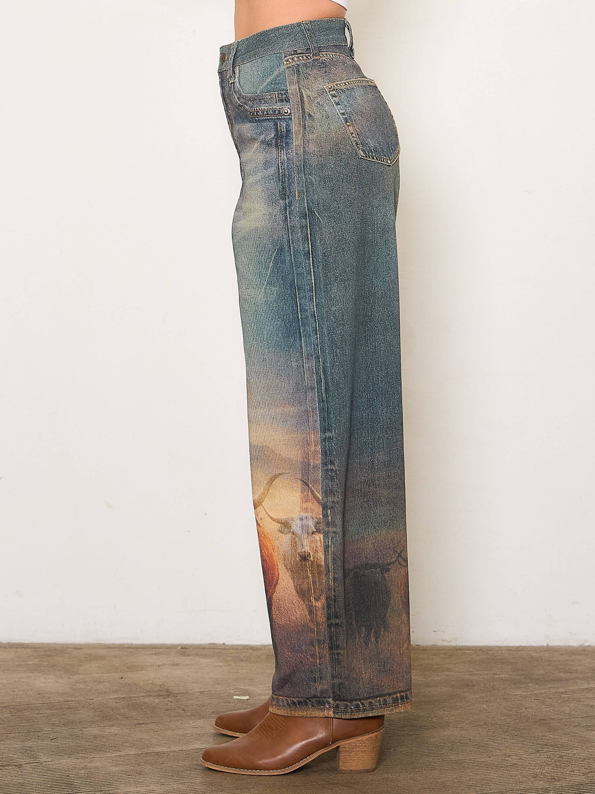 Long Horn Digital Print Baggy Jeans
