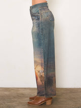 Long Horn Digital Print Baggy Jeans