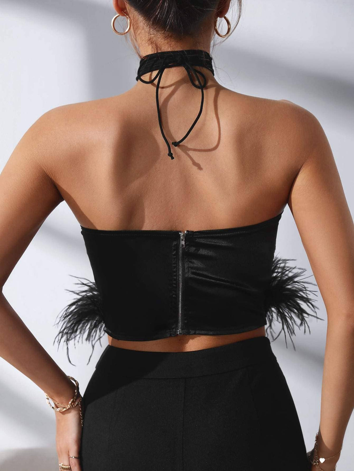 Halter neck fuzzy trim satin crop top