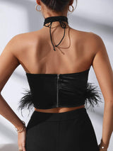 Halter neck fuzzy trim satin crop top