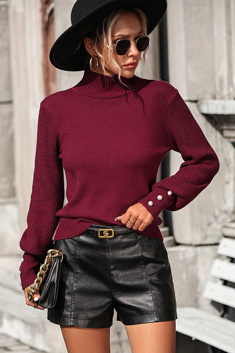 WOMEN TURTLE NECK FITTED RIB SLEEVE KNIT SWEATER_CWOSWL0283