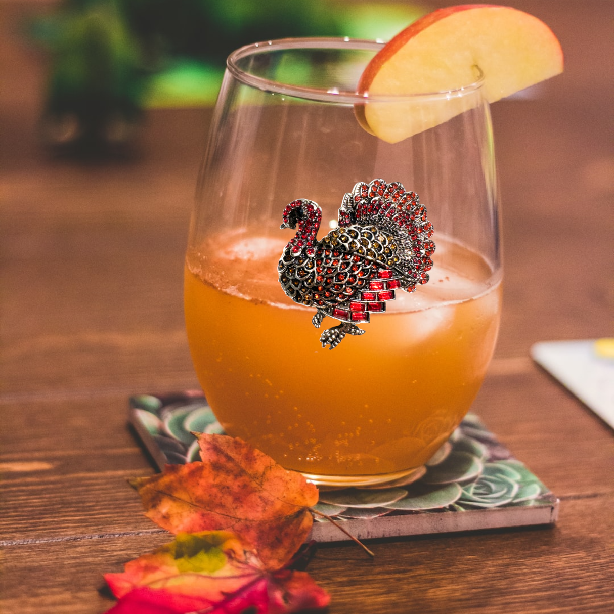 Thanksgiving Turkey Jeweled Stemless Wine Glass