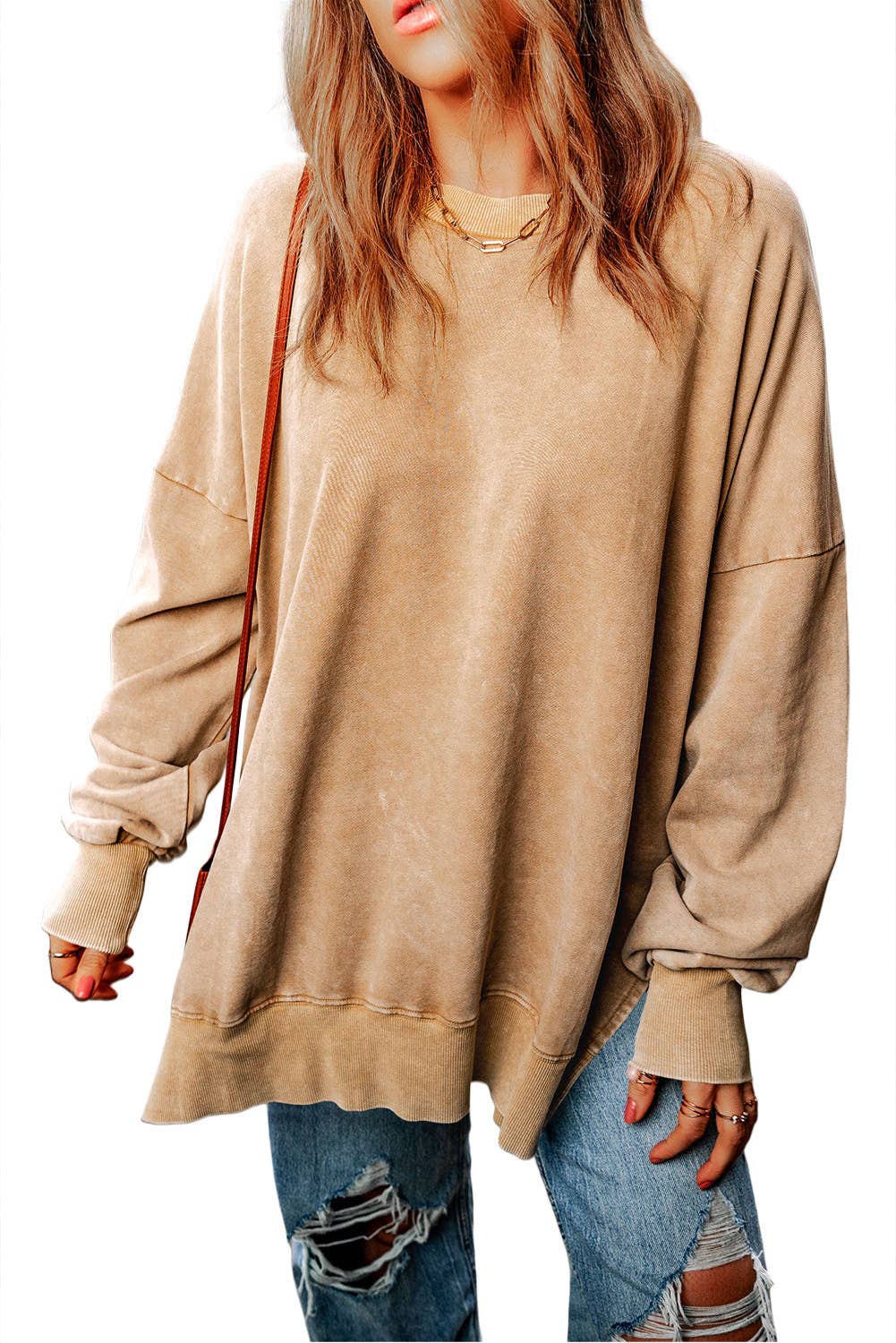 Khaki Drop Shoulder Ribbed Trim Oversized Sweatshirt: Khaki / L / 75%Polyester+25%Cotton