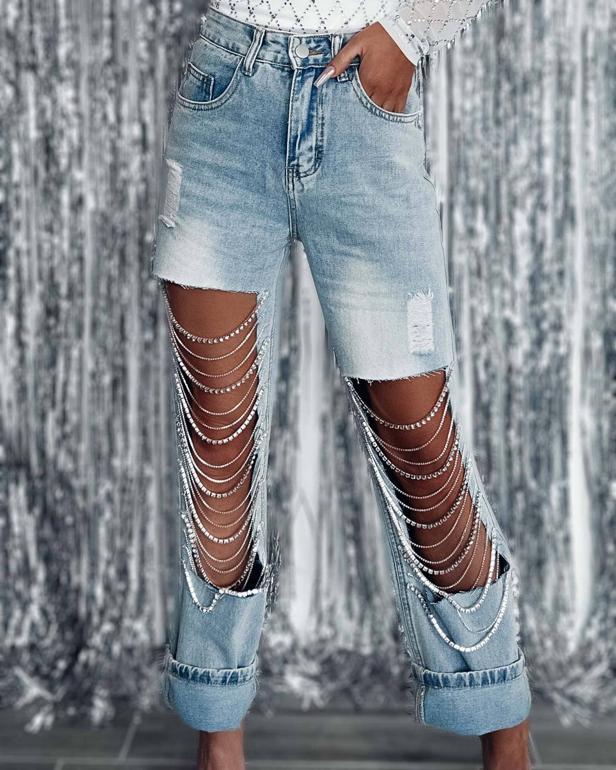 Denim & Diamonds Rhinestone Chain Ripped Cut Out Jeans