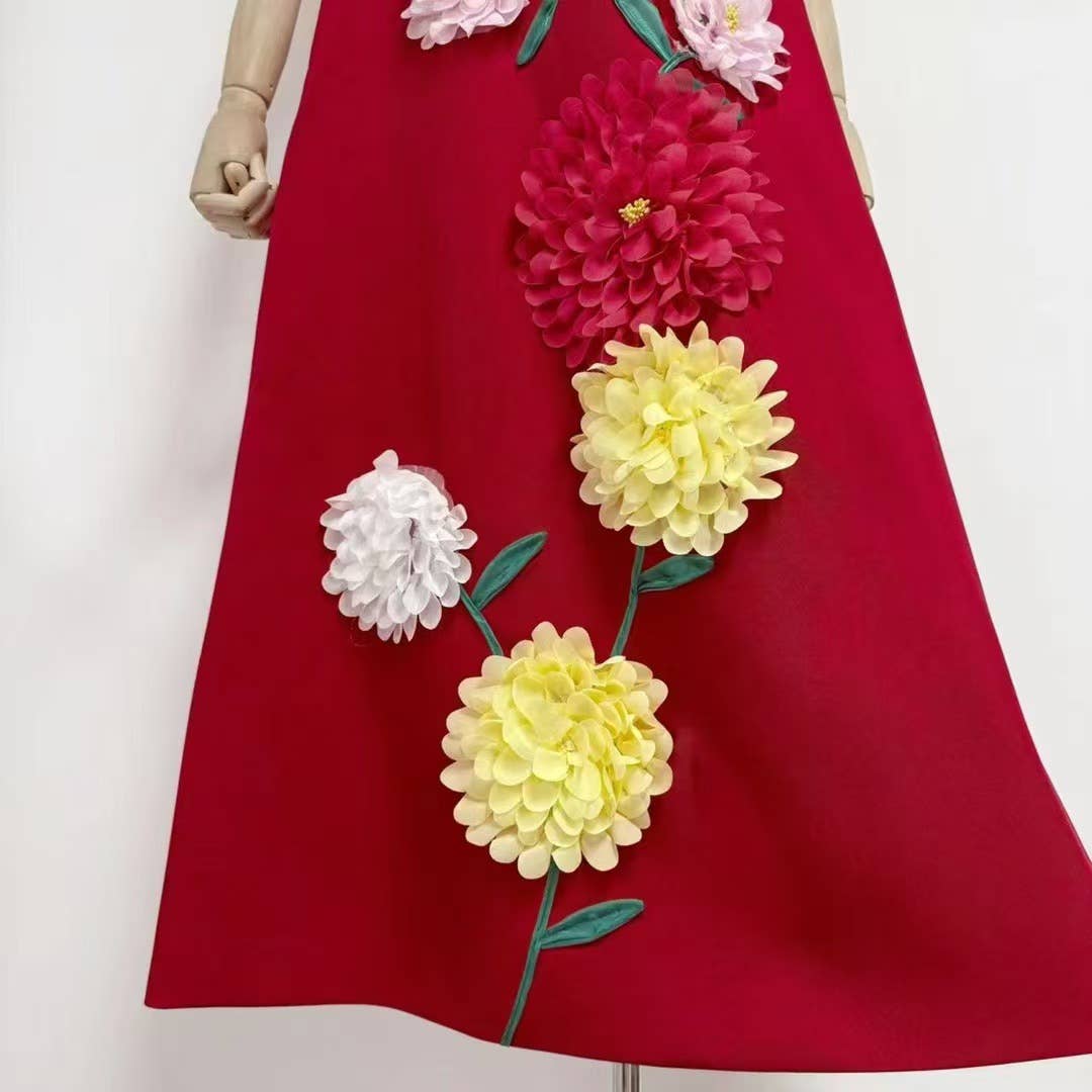 DR516Y Colorful 3D Floral Swing Suspender Long Summer Dress