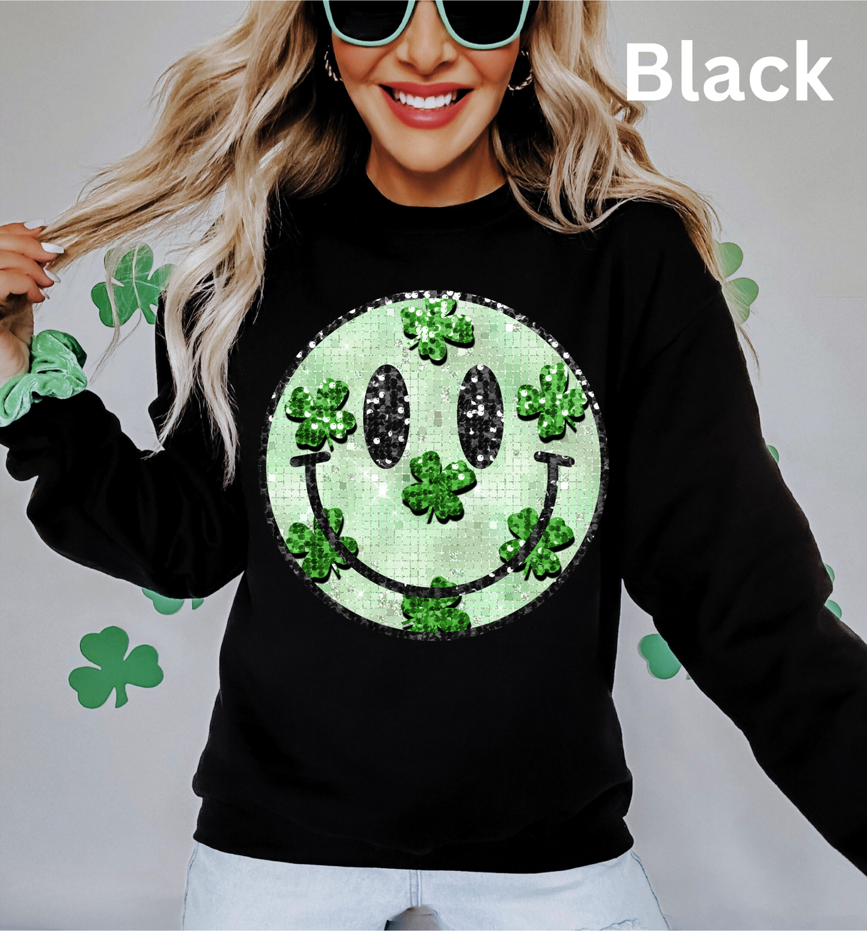 Faux Sequin smiley crewneck with shamrocks st patricks day