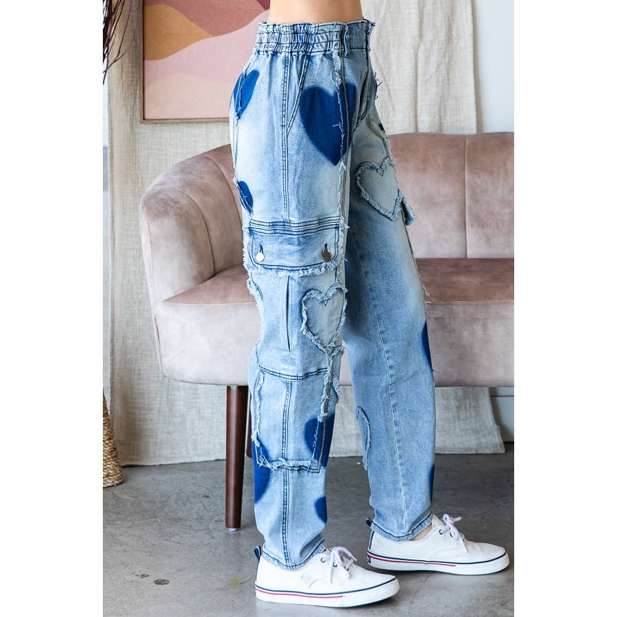 WASHED HEART DETAIL MID RISE STRETCH DENIM JEANS