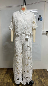 Crochet Floral Lace Button-down shirts & wide leg pant set