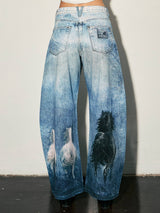 Viral Horse Digital Print Baggy Wide Jeans