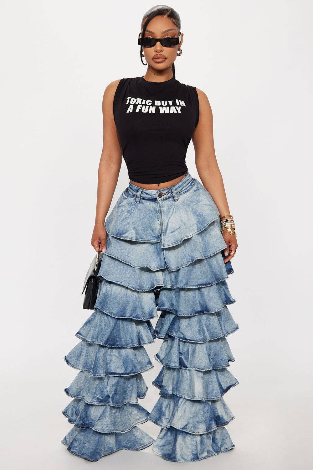 RUFFLE TIERED DENIM PANTS