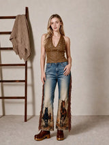 60151P Western Horse Print Fringe Wide Leg Jeans