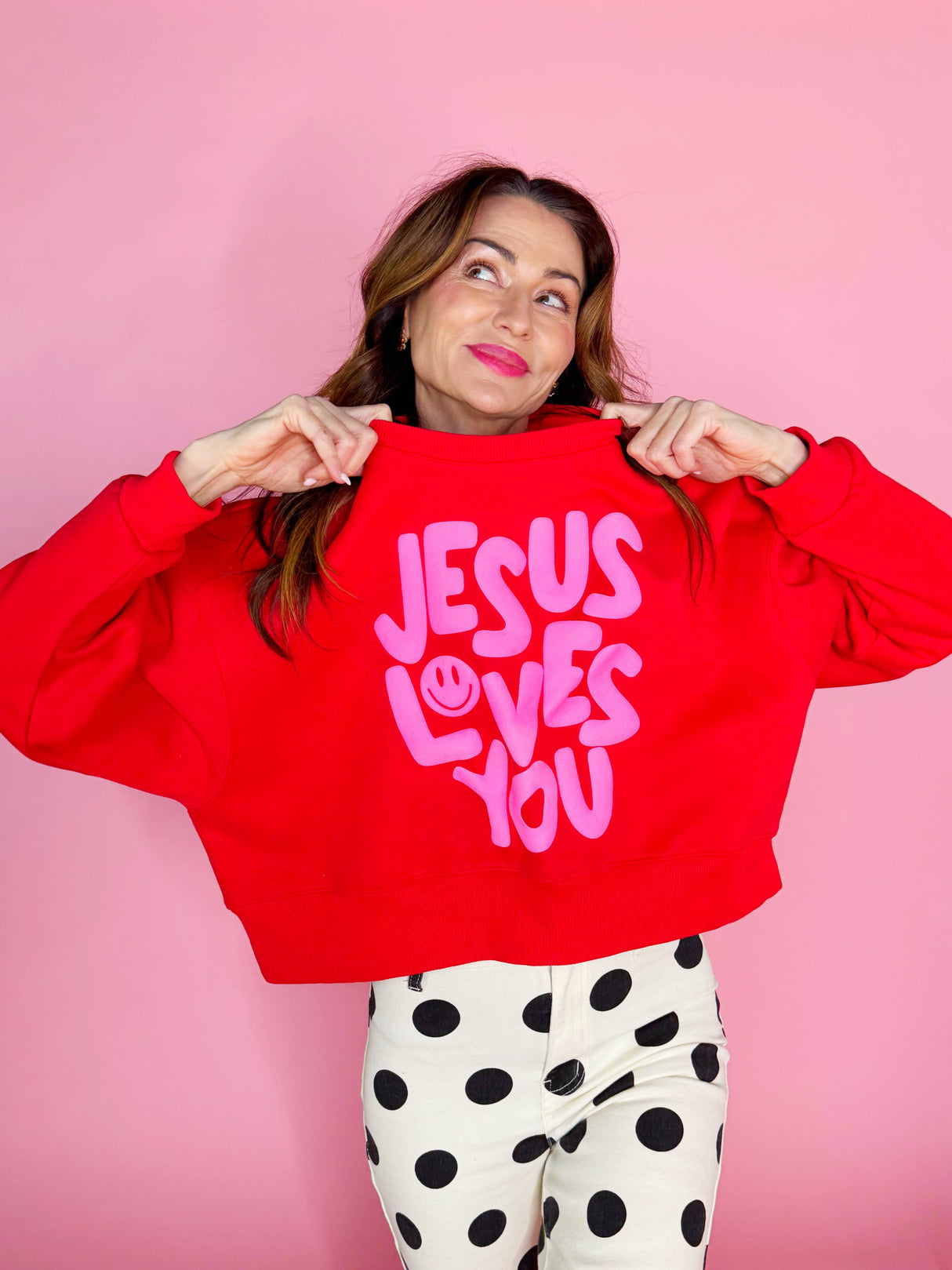 Smiley Jesus Loves You Puff Red Crop Sweatshirt