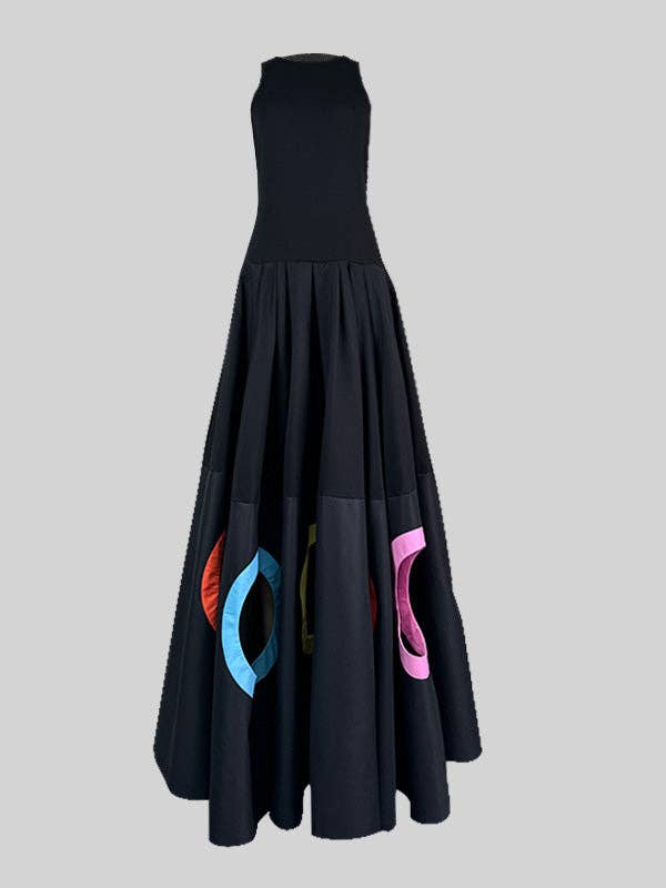 Hollow Pleated Sleeveless Round-Neck Maxi Dress