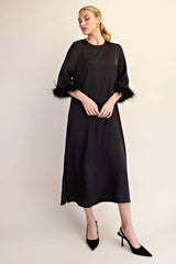 D8619 Feather Trim Evening Midi Dress