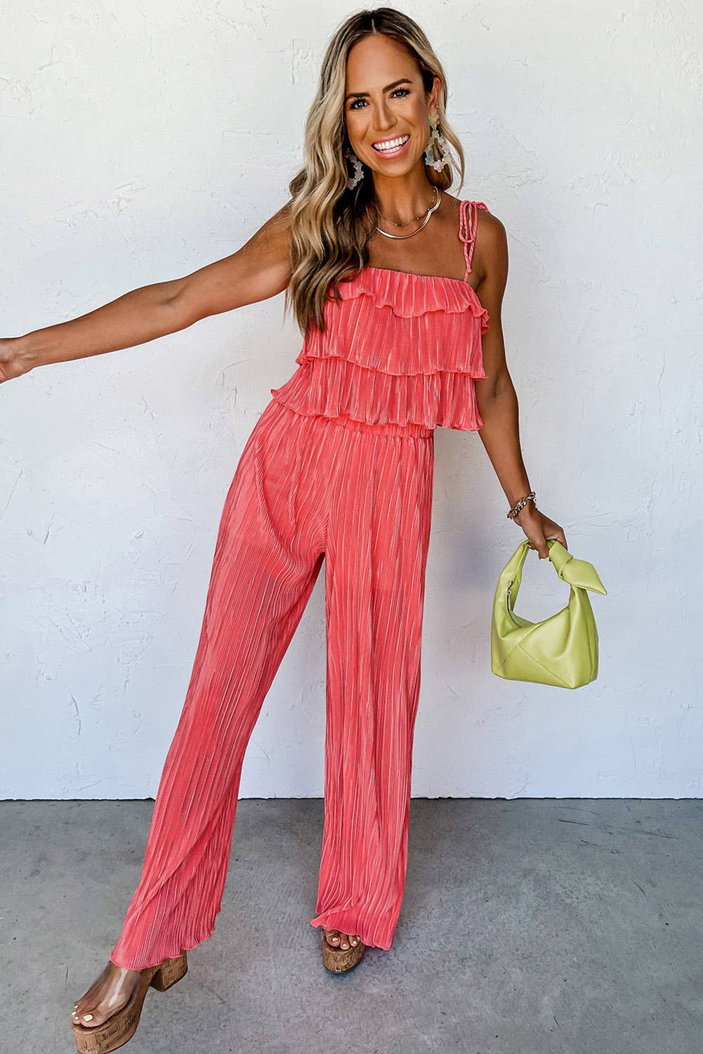 Ruffle Tiered Cami Pleated Wide Leg Pants Set