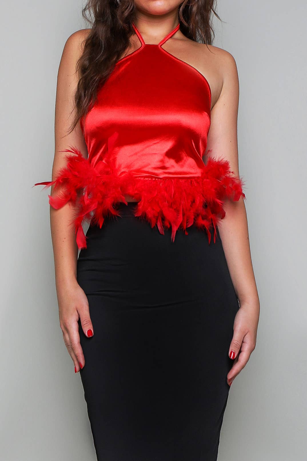 Halter neck fuzzy trim satin crop top