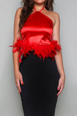 Halter neck fuzzy trim satin crop top