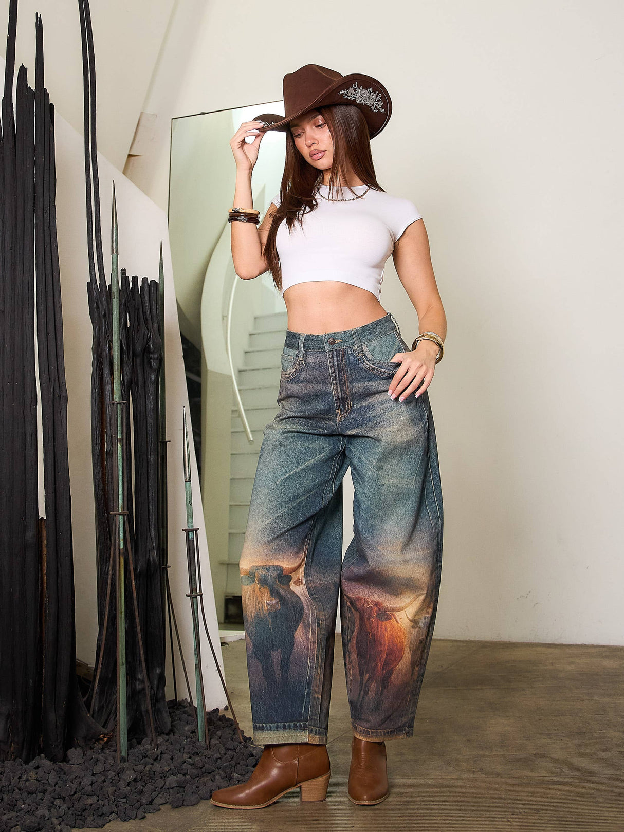Long Horn Digital Print Baggy Jeans