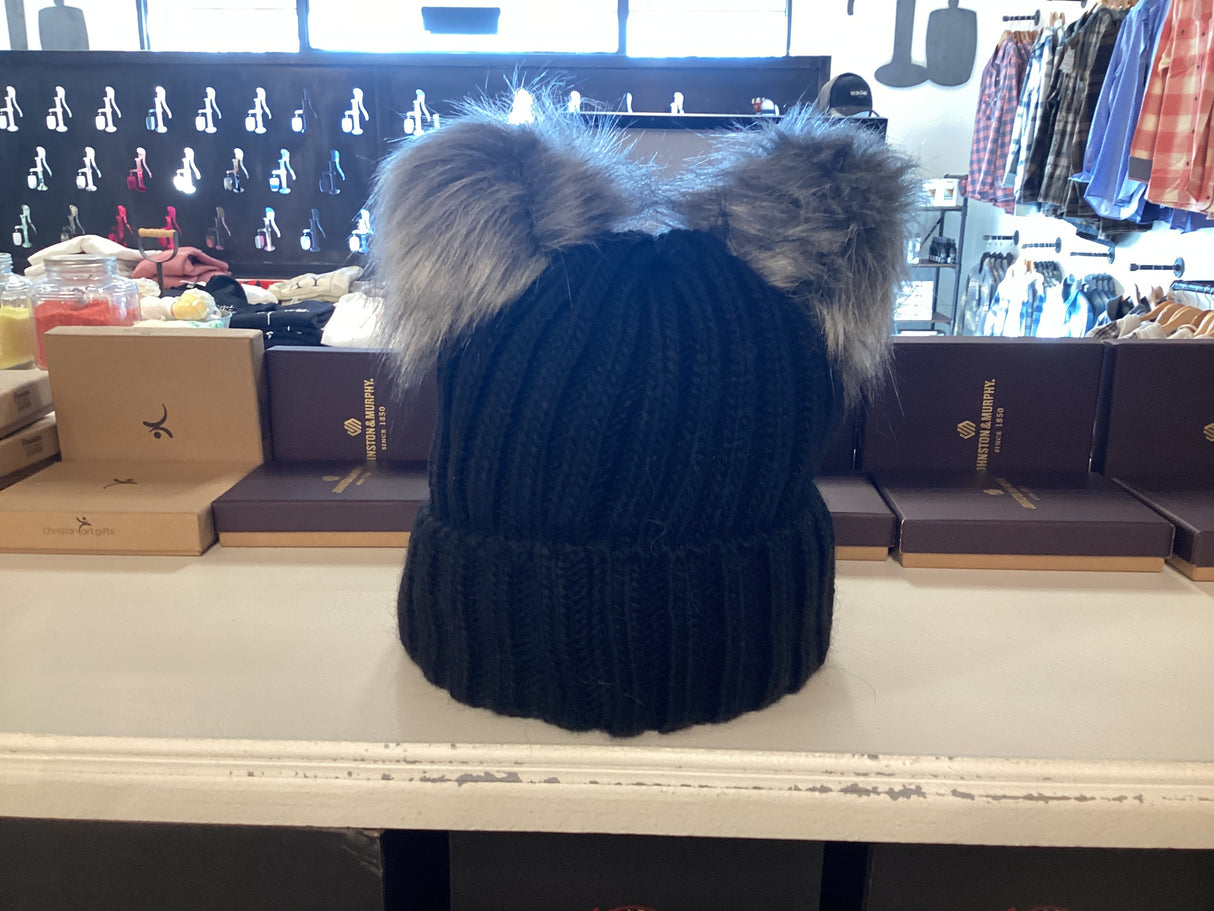 40187 BEANIE (black) grey dual faux fur pom