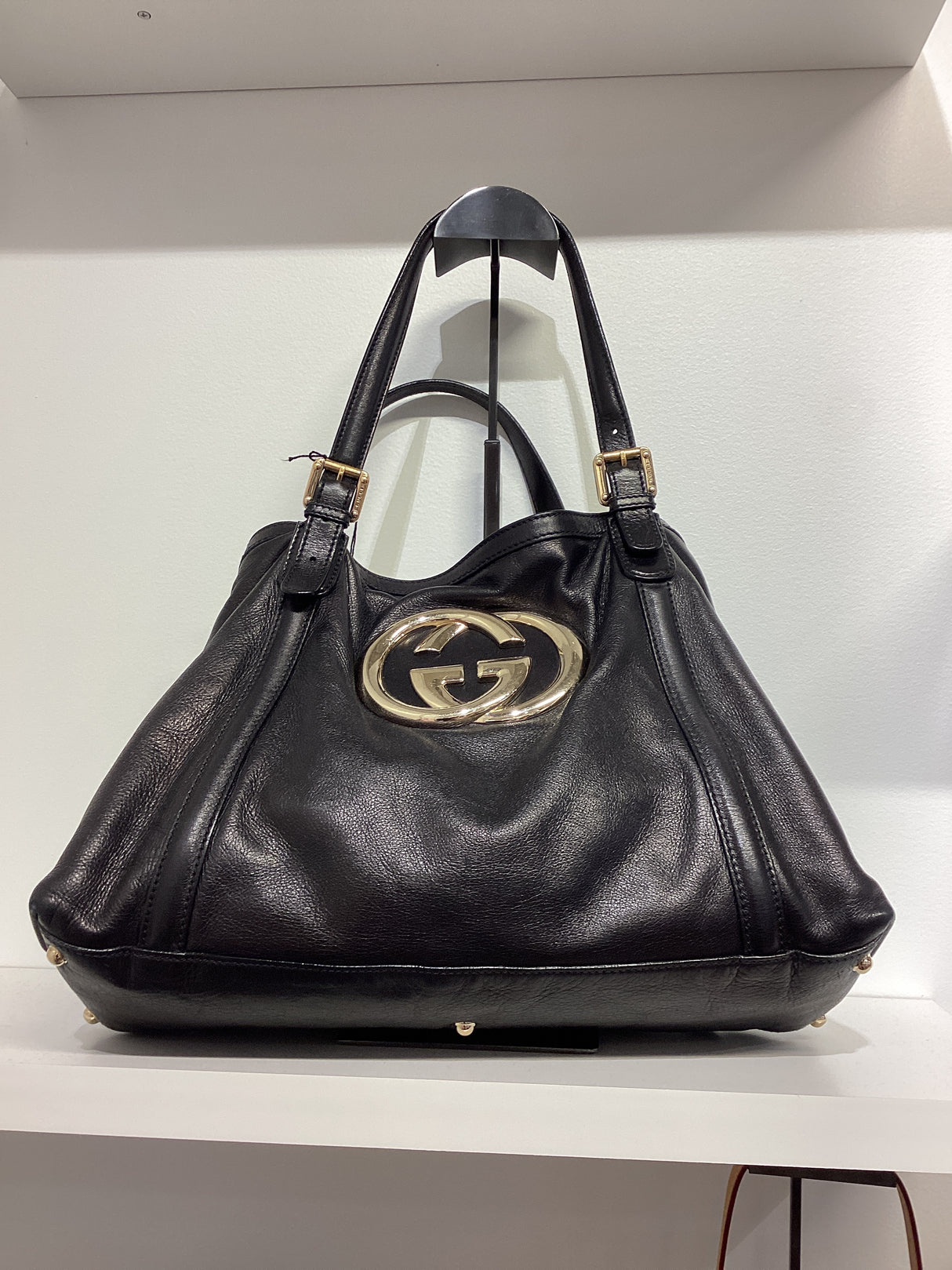 Gucci Black Leather gold GG Shoulder bag