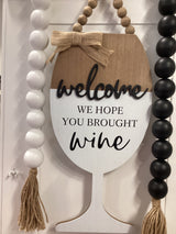Wood Wine Glass with Blessing Bead Hanger Wall Sign, 3 Assortments