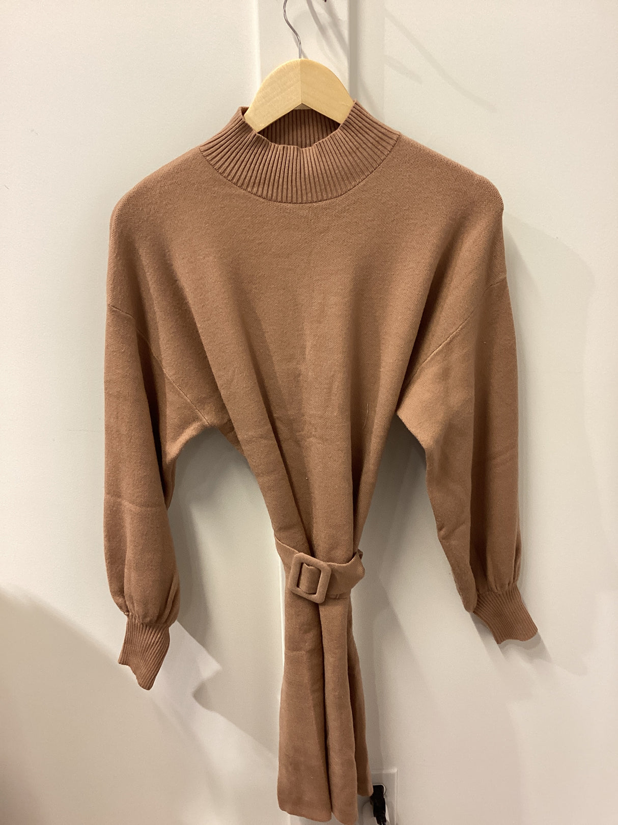 SY7615 Long Sleeve Mock Neck Tie Belt Waist Sweater