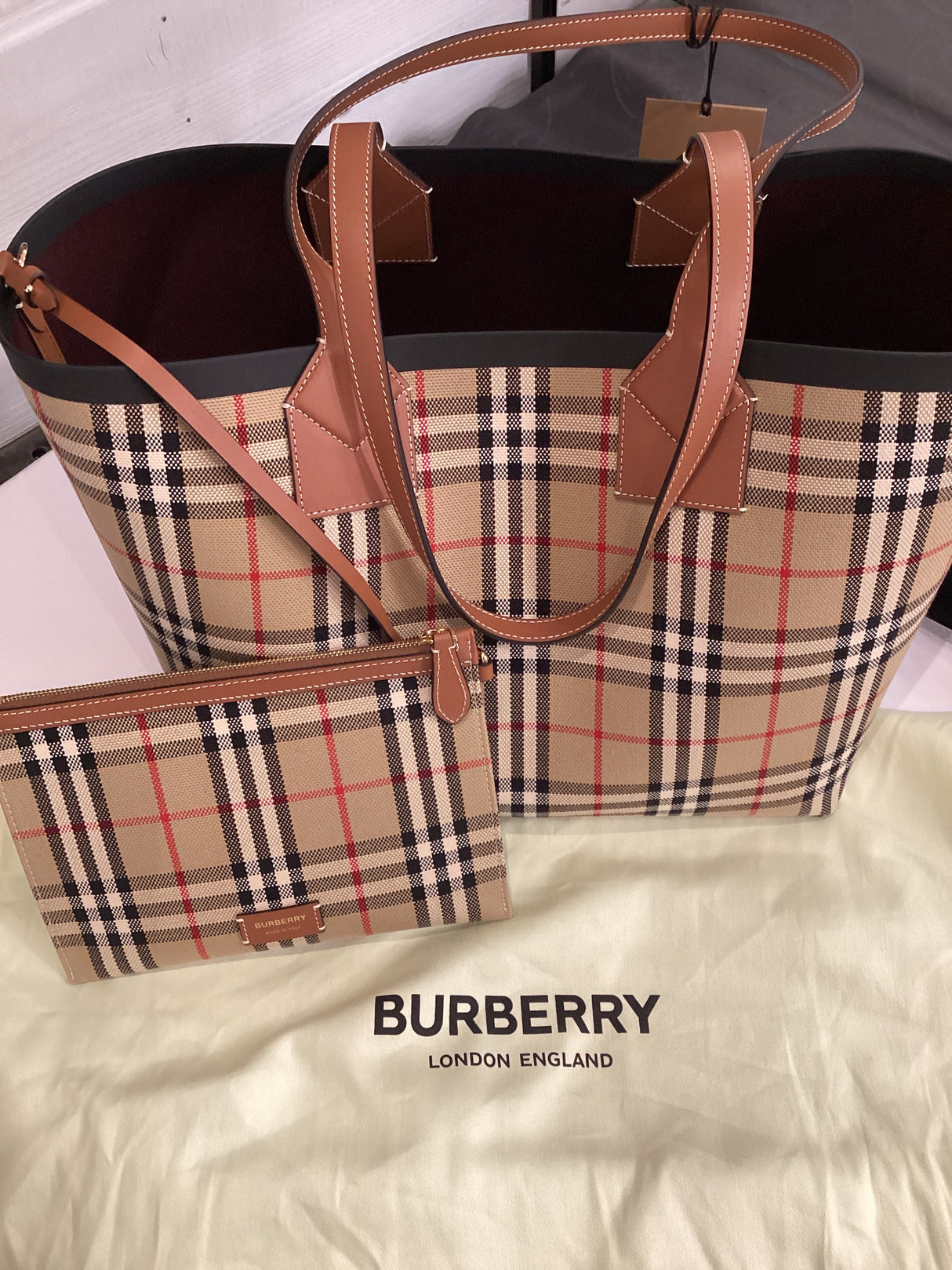 Burberry Embroidered Canvas Medium Leather London Shopping Bag & Pouch