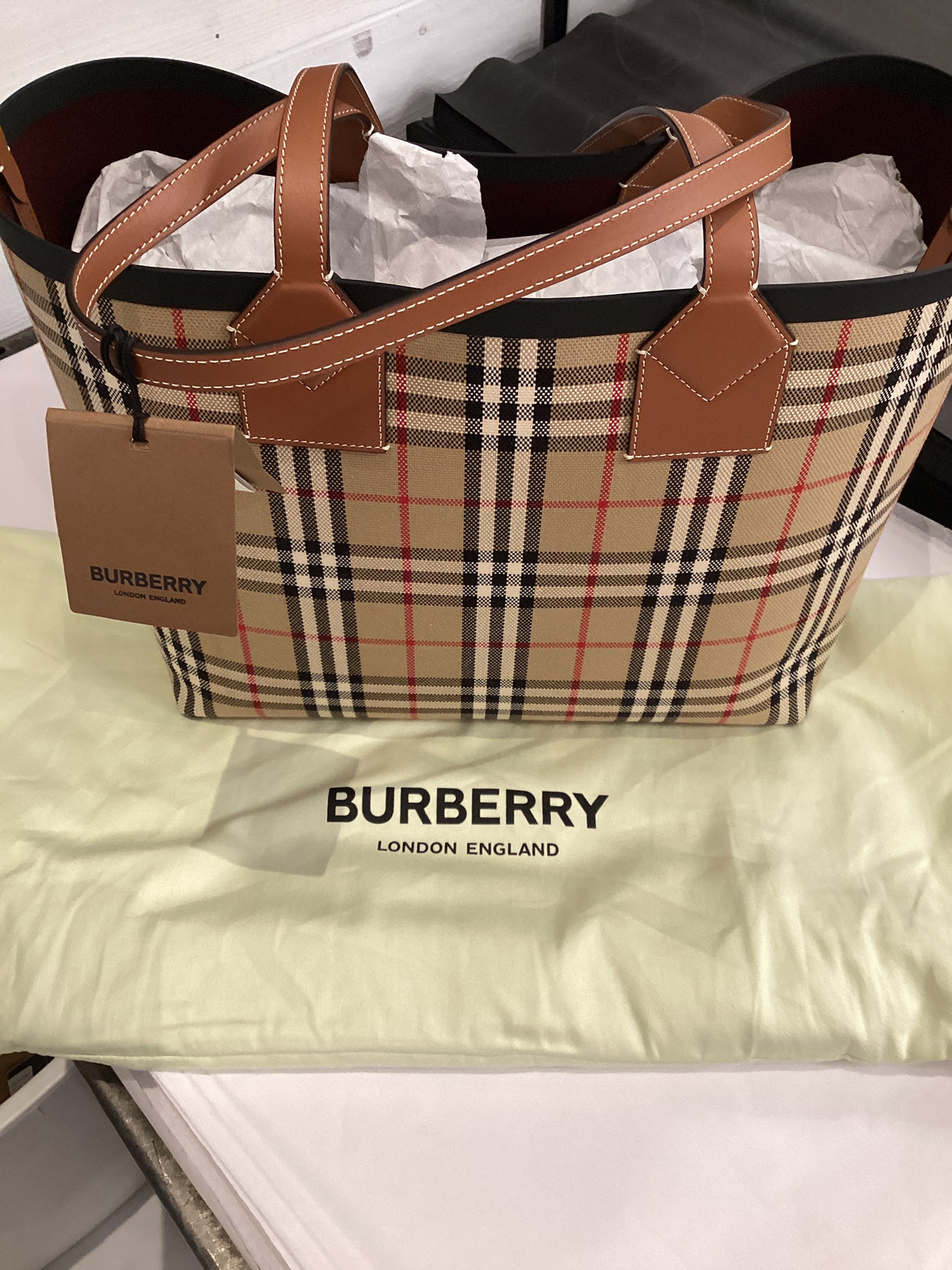 Burberry Embroidered Canvas Medium Leather London Shopping Bag & Pouch