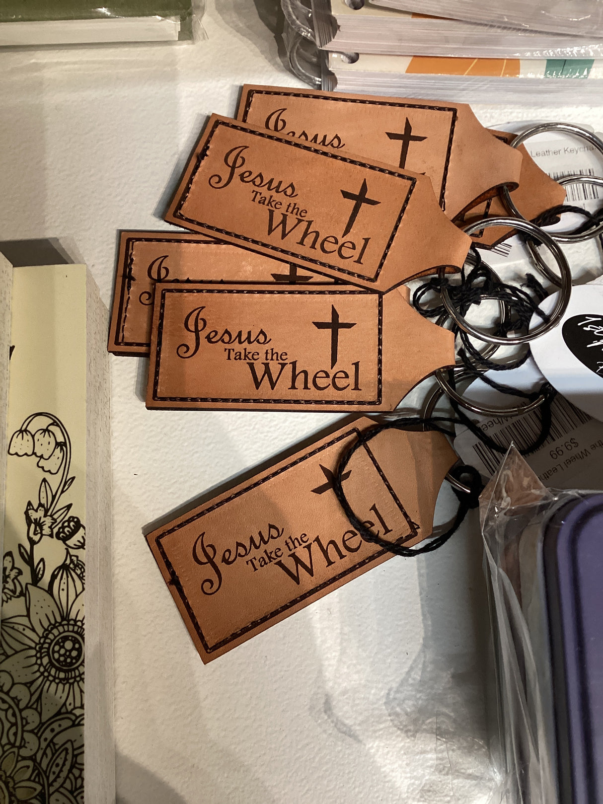 Jesus Take the Wheel Leather Keychain