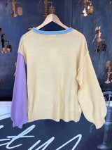 FS429- Relaxed Yellow & Purple Block Colour Jumper Top In Blue