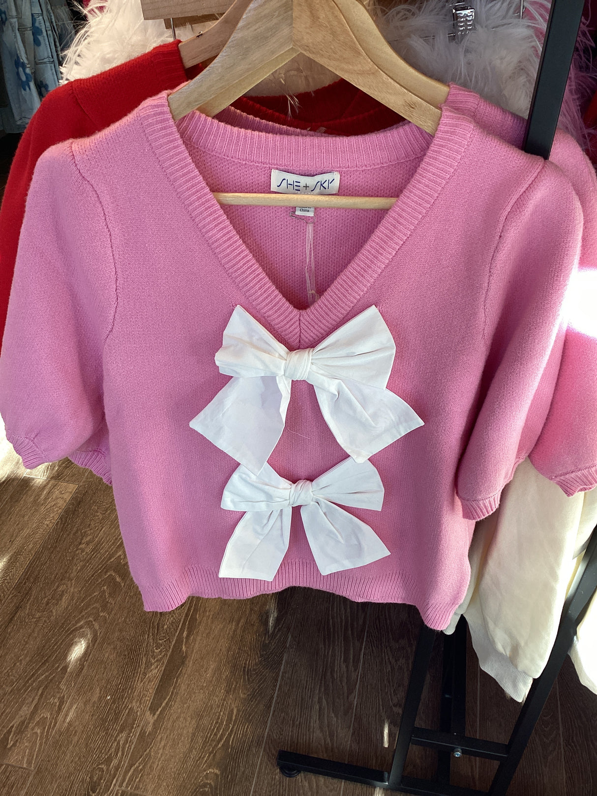 SY7696 Short Puff Sleeve Bow Front