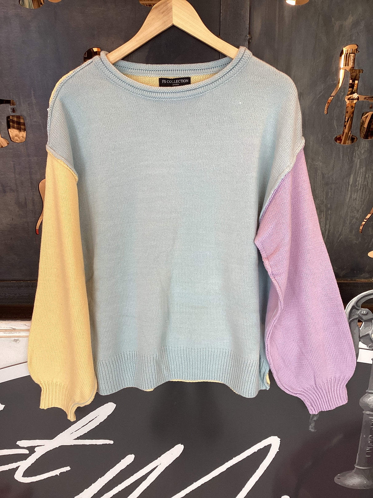 FS429- Relaxed Yellow & Purple Block Colour Jumper Top In Blue