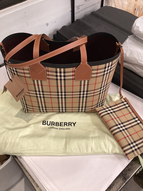 Burberry Embroidered Canvas Medium Leather London Shopping Bag & Pouch