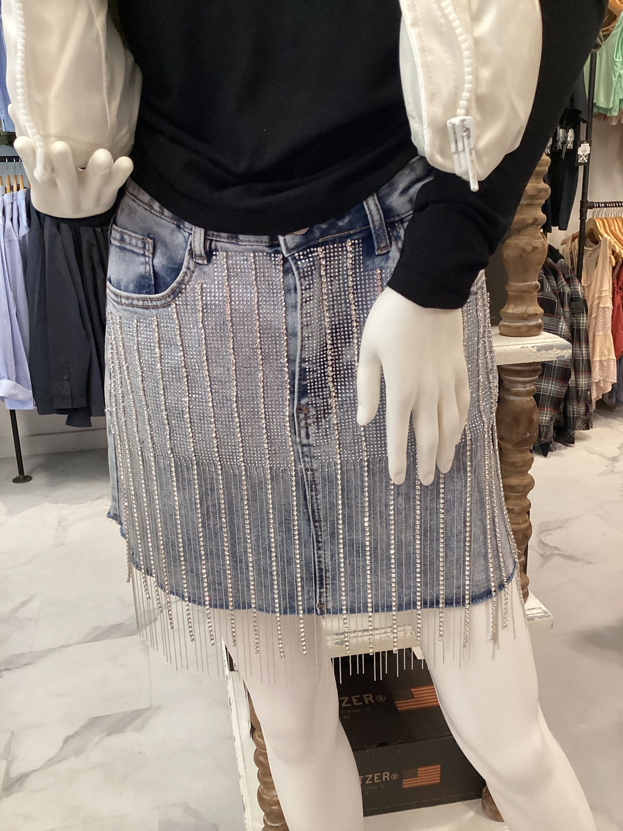 80064S Rhinestone Fringe Denim Skirt