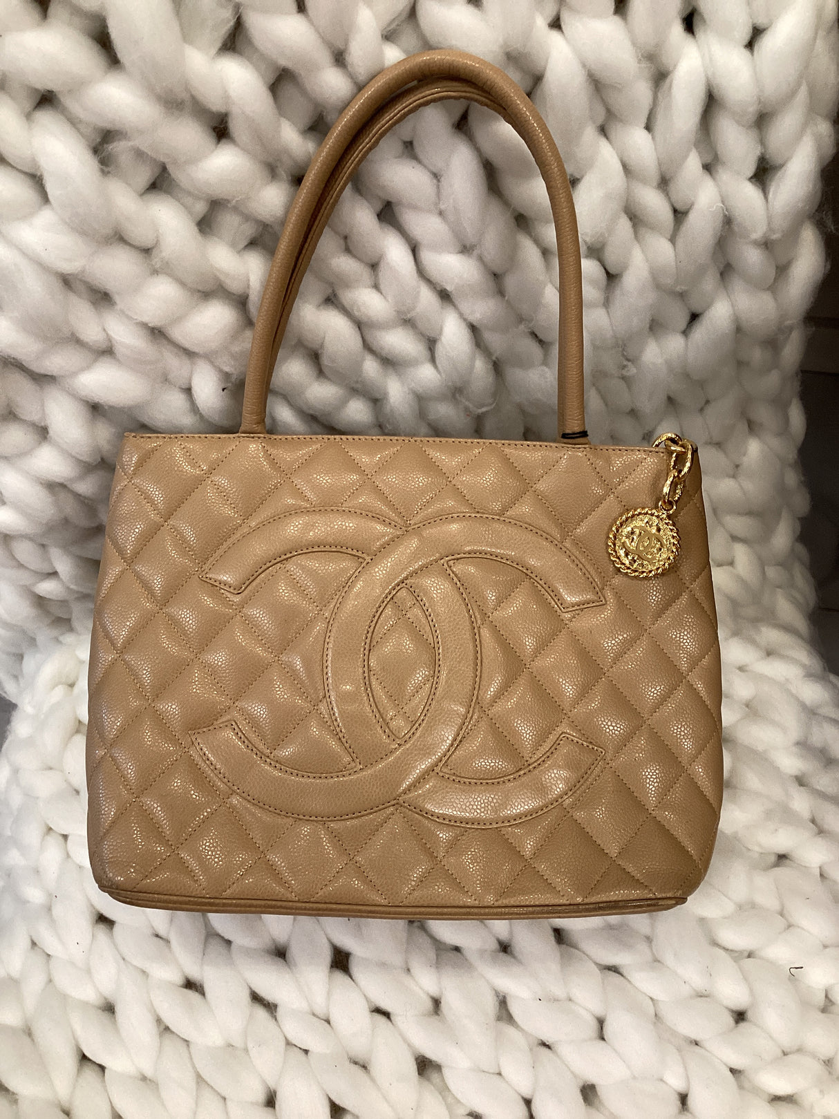 Chanel Beige Caviar Medallion Tote