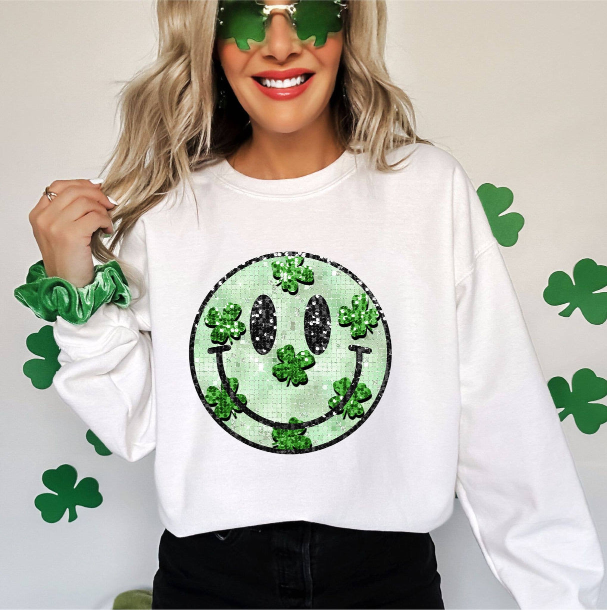 Faux Sequin smiley crewneck with shamrocks st patricks day