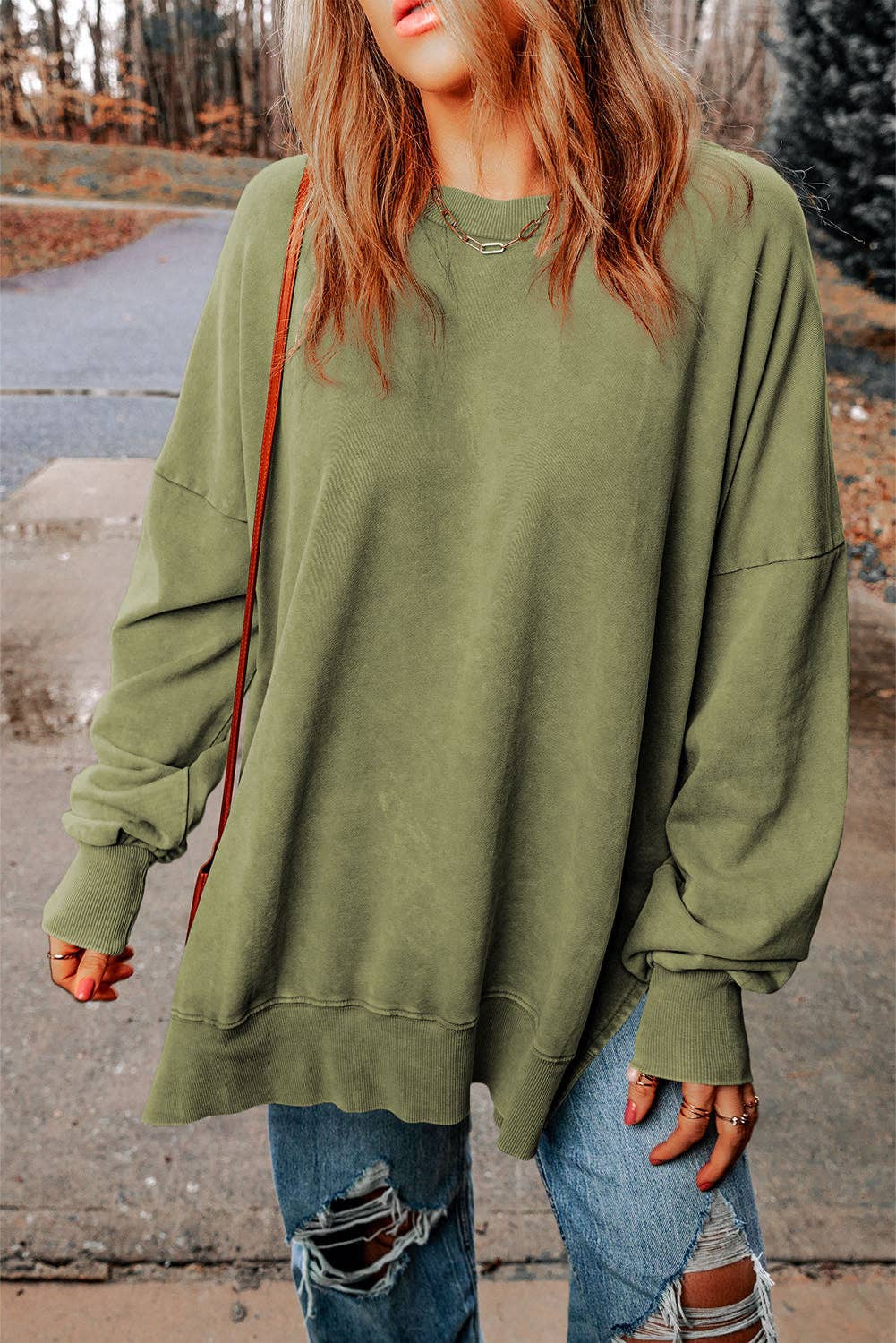Green Drop Shoulder Ribbed Trim Oversized Sweatshirt: Green / M / 75%Polyester+25%Cotton