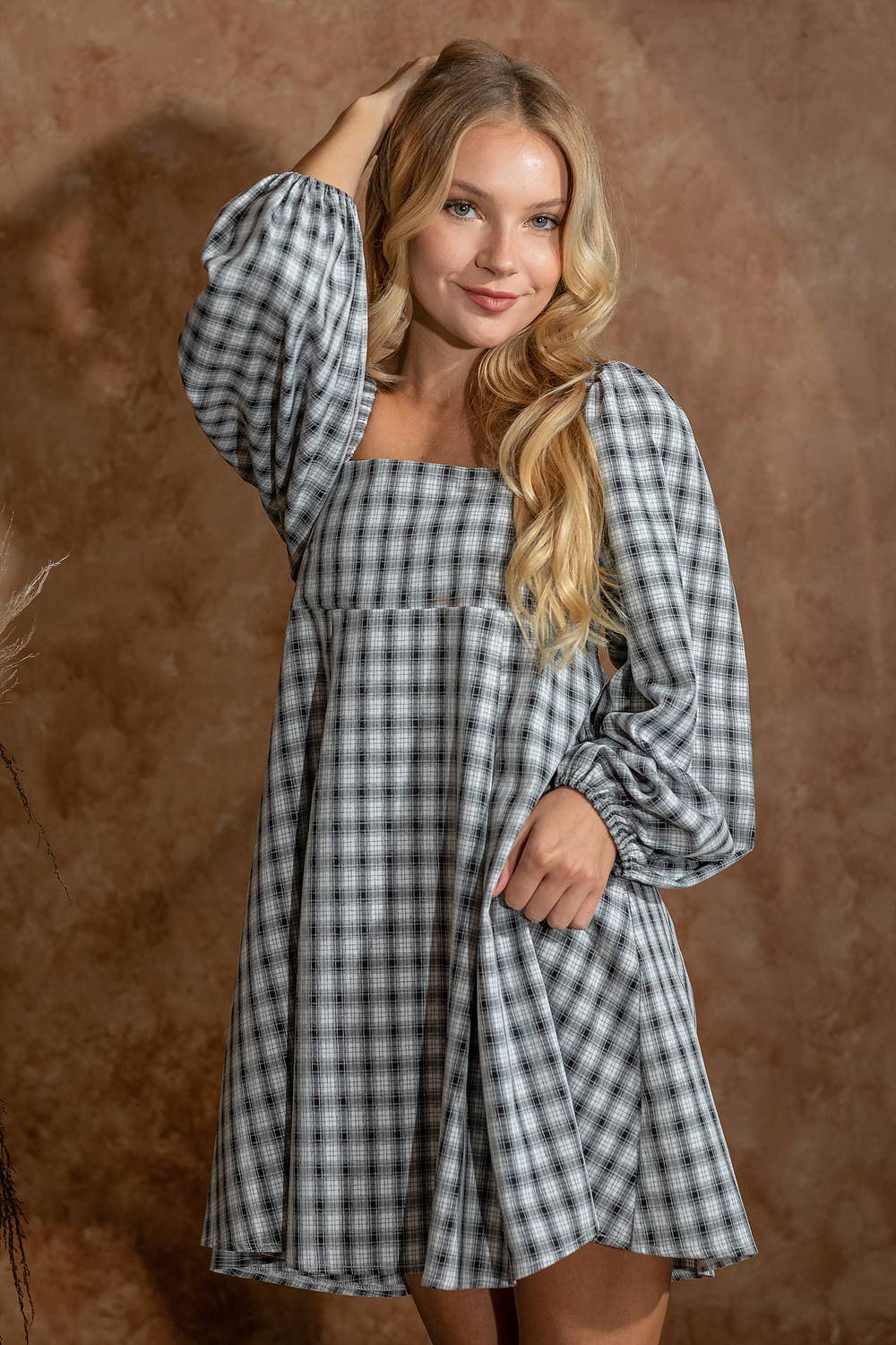 Plaid Babydoll Dress with Smocking Back Detail - Black RD100