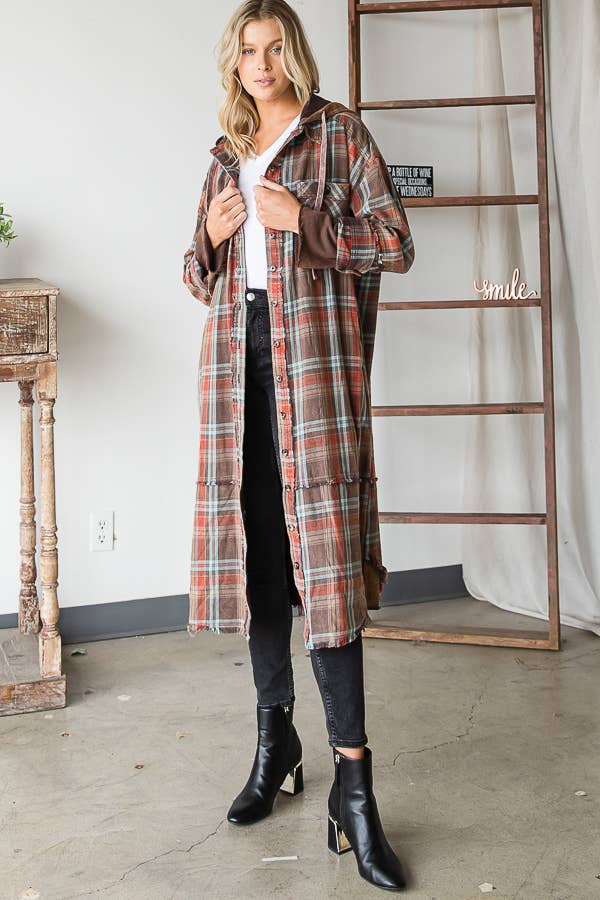 MINERAL WASHED PLAID BUTTON DOWN LONG HOODIE