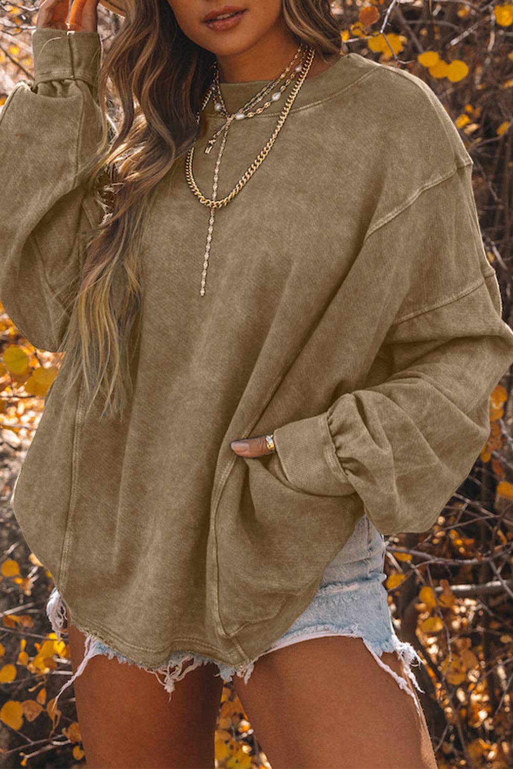 Khaki Exposed Seam Twist Open Back Oversized Sweatshirt: Khaki / L / 80%Polyester+20%Cotton