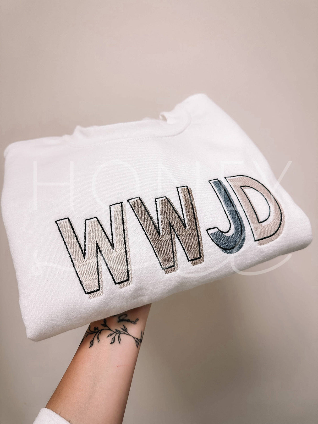 WWJD Block Embroidered Sweatshirt WHITE