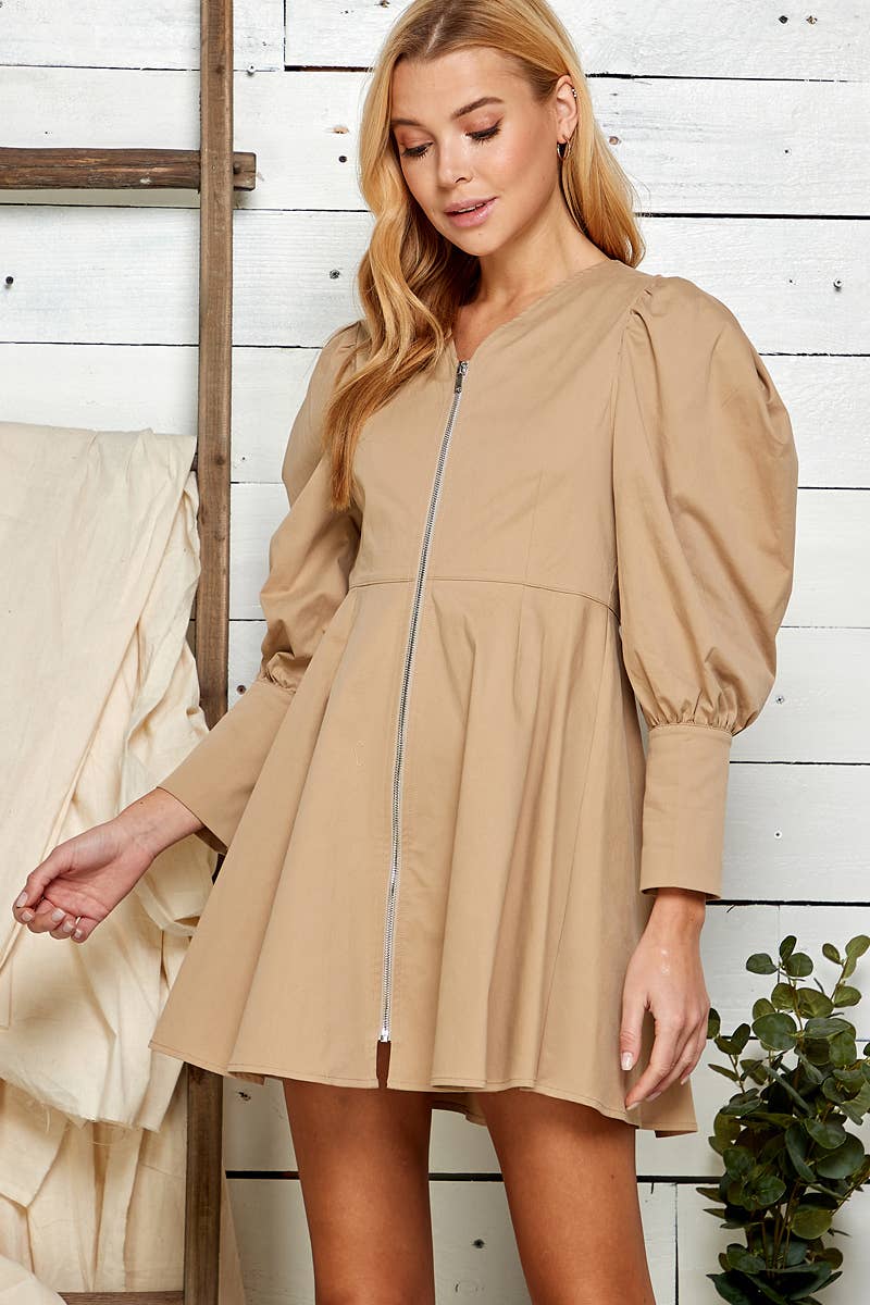 ZIPPERED FRONT CUFF SLEEVE MINI DRESS Taupe