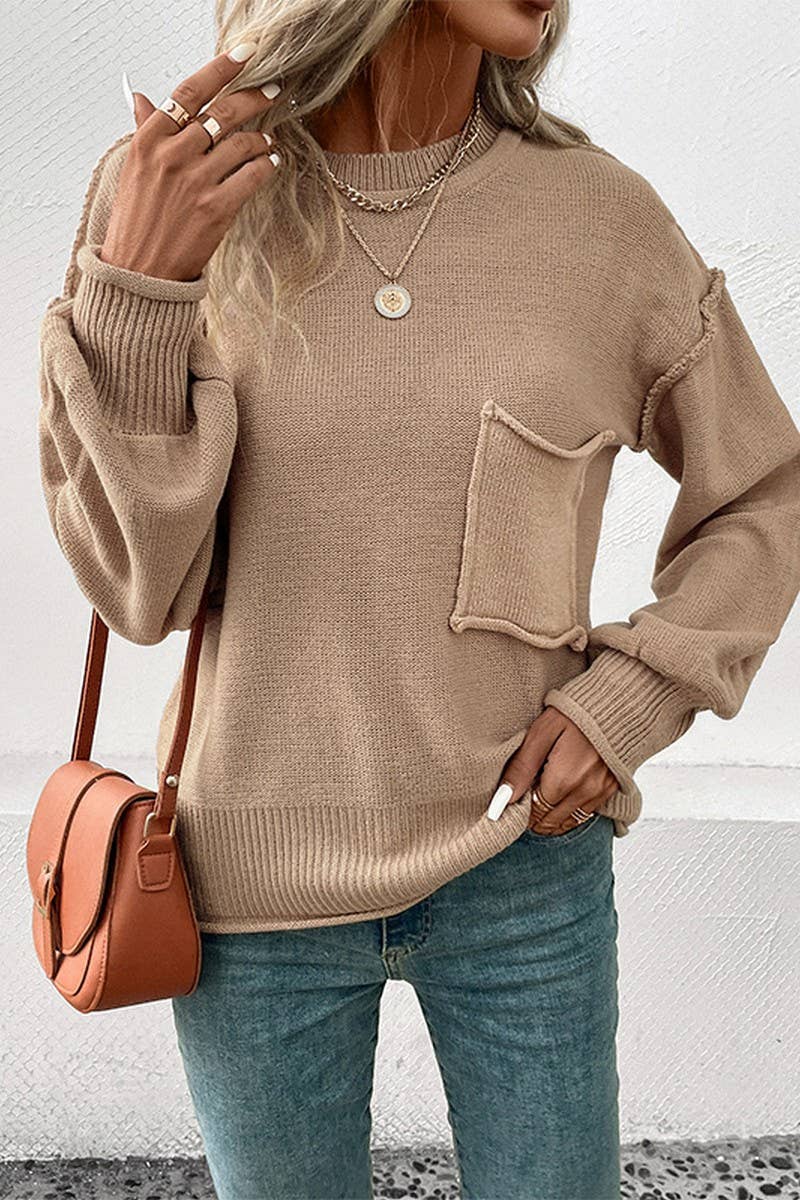 WOMEN SOLID COLOR CREW NECK POCKET SWEATER_CWOSWL1510: KHAKI / (L) 1